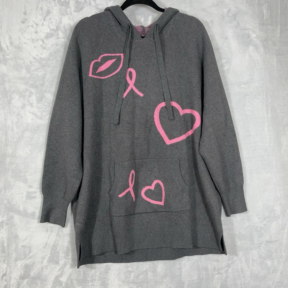 Torrid Breast Cancer Awareness Raglan Hoodie Sweater 1X Gray Pink Tunic Comfy‎